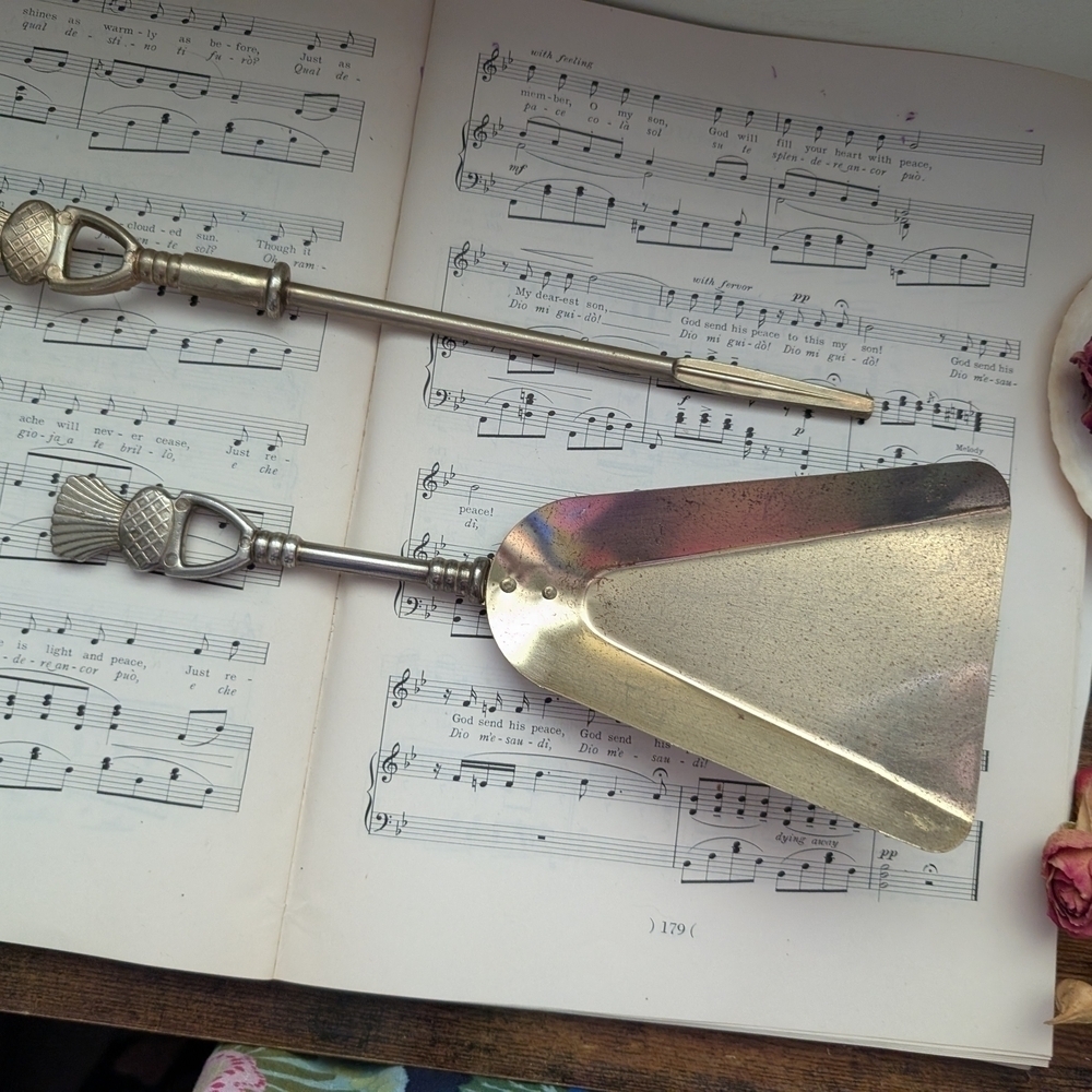 Vintage Silver Metal Dustpan and Brush Set